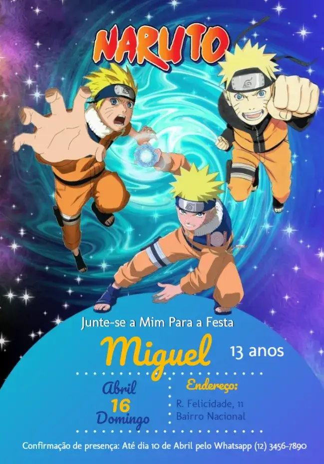 Convite Naruto Azul – tema Aniversário Infantil azul, anime, ilustrações coloridas, jovial, divertido, temático