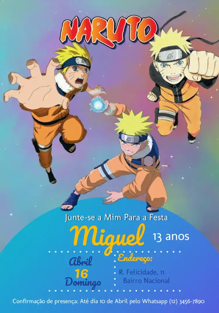 Convite Naruto Azul – tema Aniversário Infantil azul, anime, ilustrações coloridas, jovial, divertido, temático