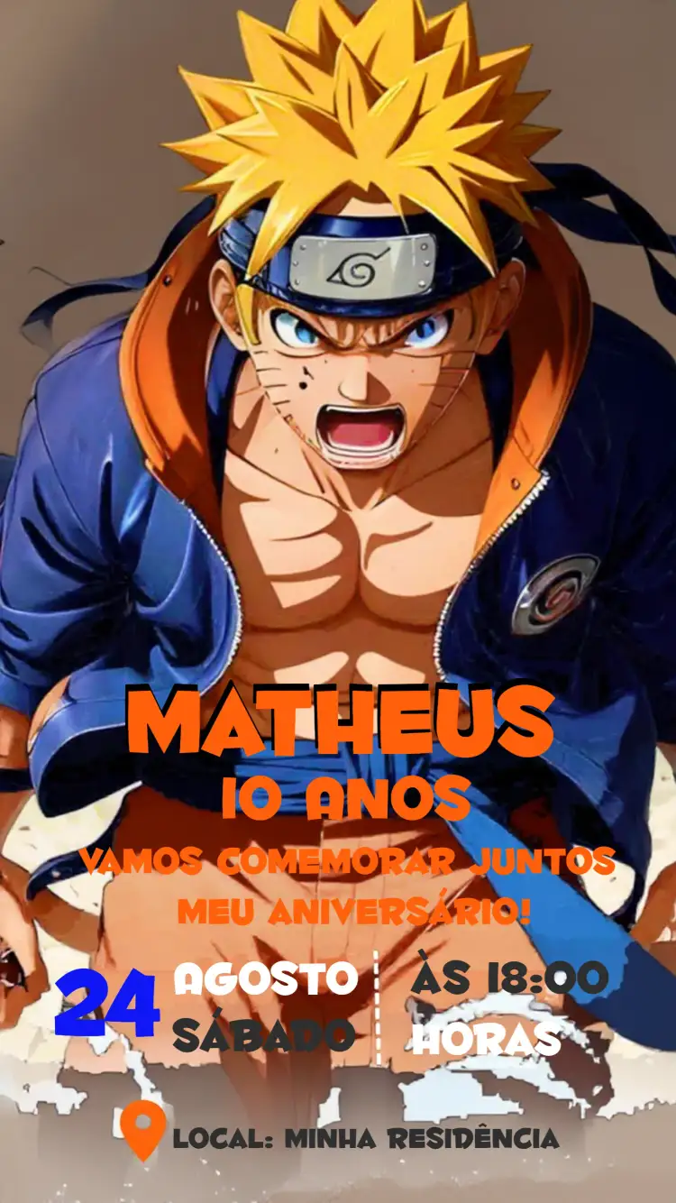 Convite Naruto Azul – tema Aniversário Infantil anime, aventura, cores vibrantes, ilustrações de personagens, moderno