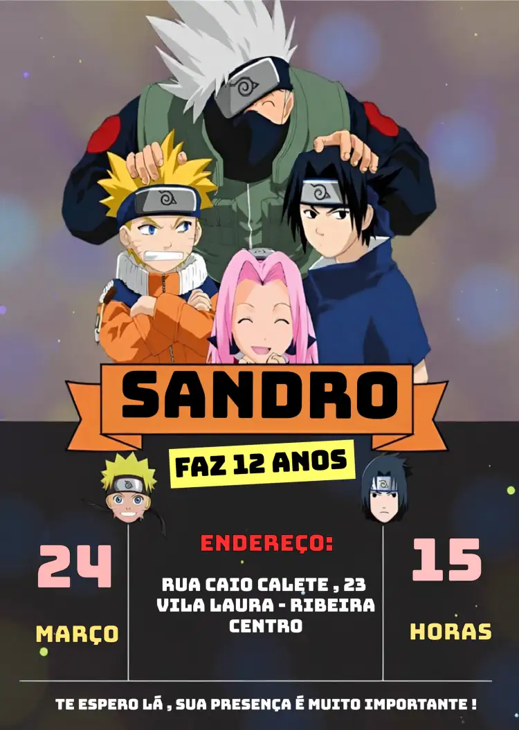 Convite Naruto Bday – tema Aniversário Infantil colorido, temática anime, vibrante, divertido, jovem, interativo