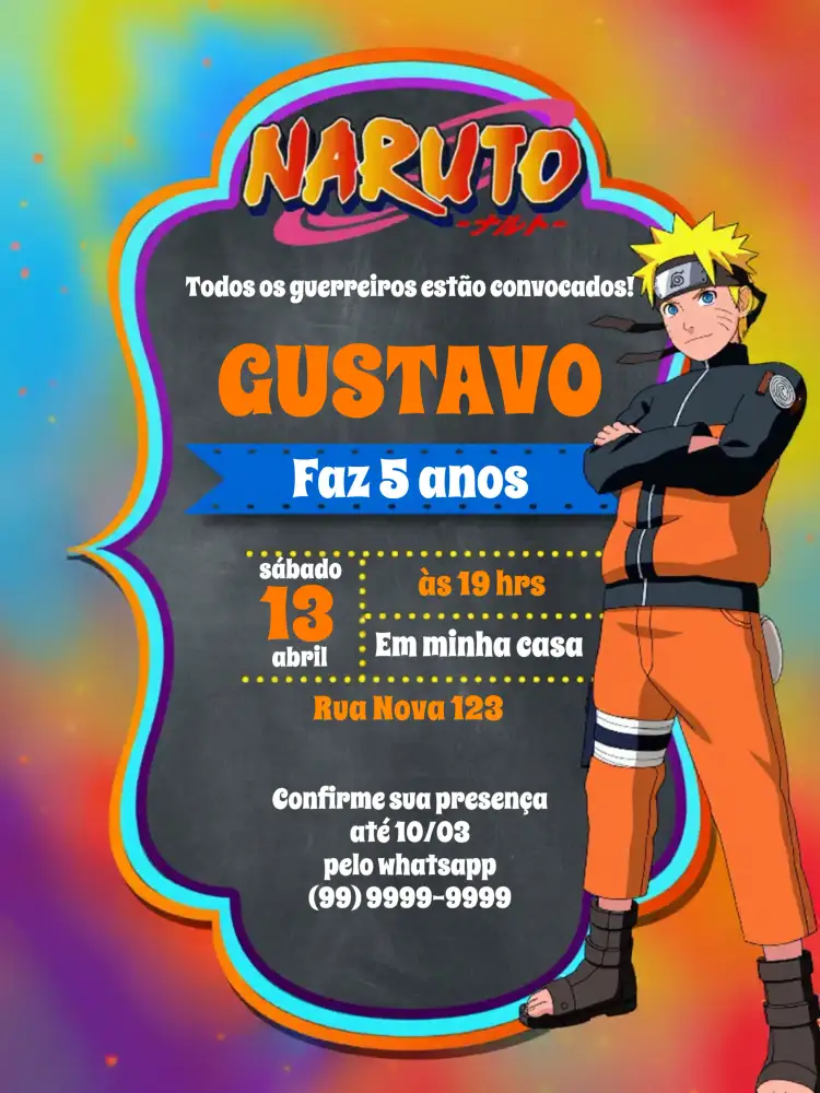 Convite Naruto Branco – tema Aniversário Infantil anime, colorido, moderno, temático, divertido