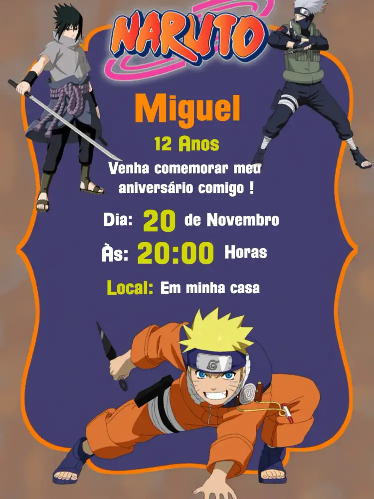 Convite Naruto Branco... – tema Aniversário Infantil anime, aventura, cores vibrantes, jovial, divertido