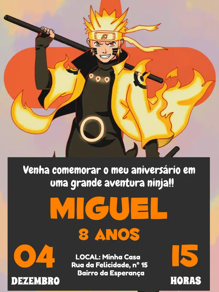 Convite Naruto Chamas – tema Aniversário Infantil moderno, colorido, temático, jovial, dinâmico