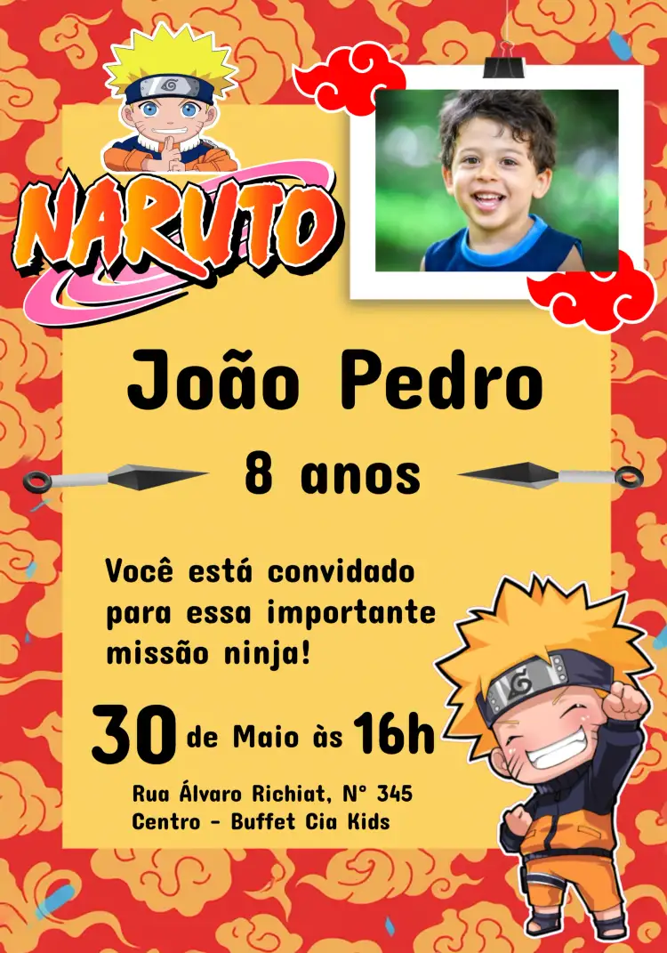 Convite Naruto Chibi Com Foto Amarelo – tema Aniversário Infantil anime, chibi, colorido, divertido, temático