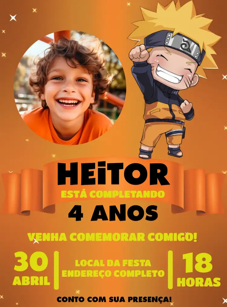 Convite Naruto Chibi Com Foto Bebê – tema Aniversário Infantil colorido, anime, chibi, divertido, infantil, ninja