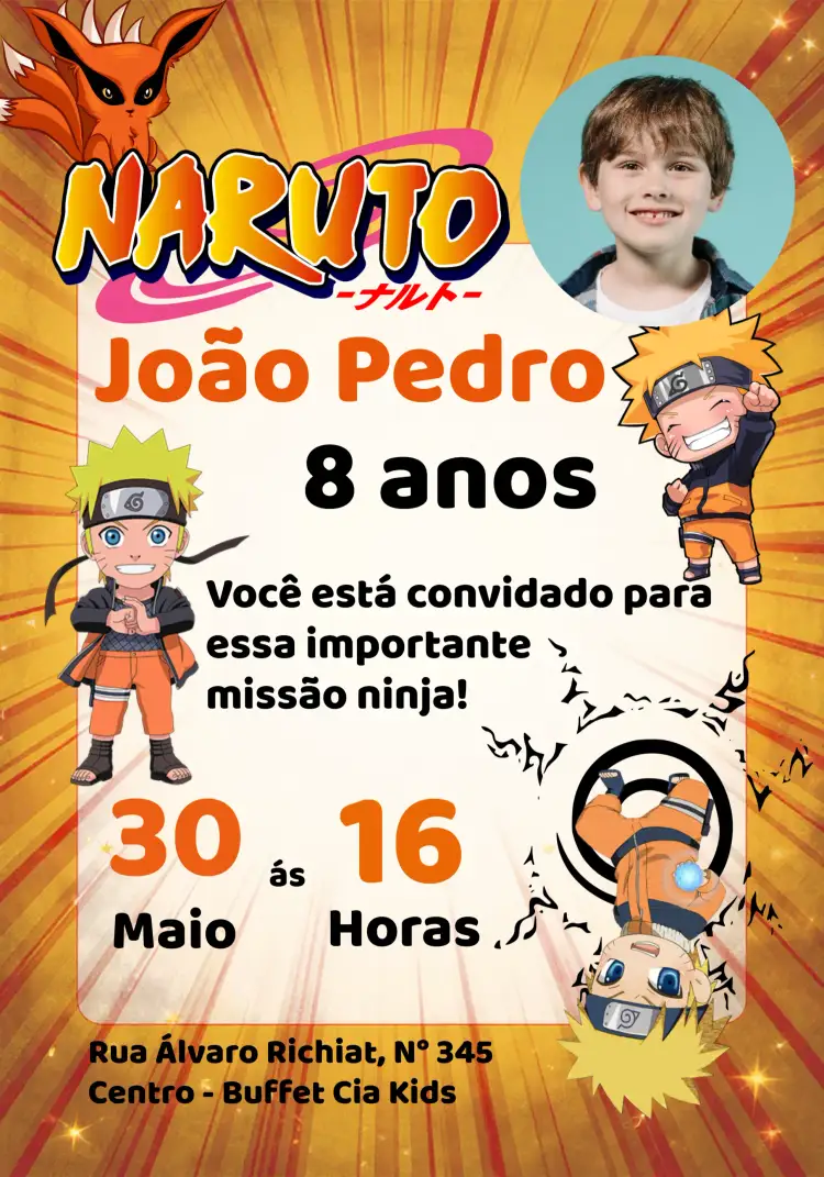 Convite Naruto Chibi Com Foto Sasuke – tema Aniversário Infantil anime, colorido, divertido, jovial, temático, ninja