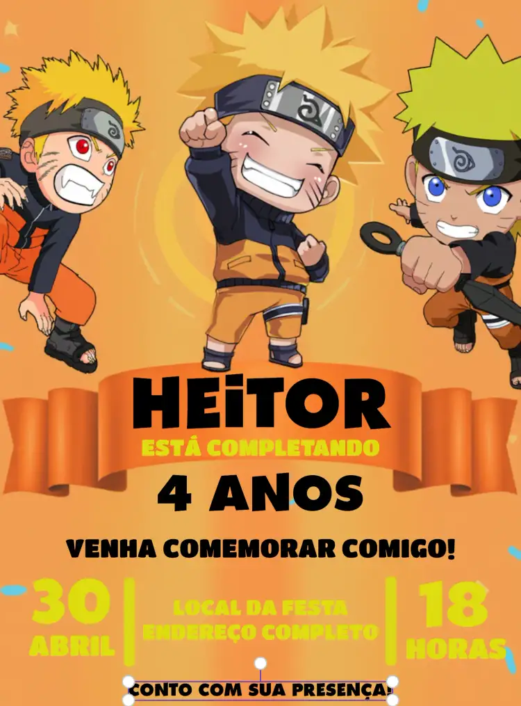 Convite Naruto Chibi Desenho – tema Aniversário Infantil ninja, chibi, colorido, moderno, divertido