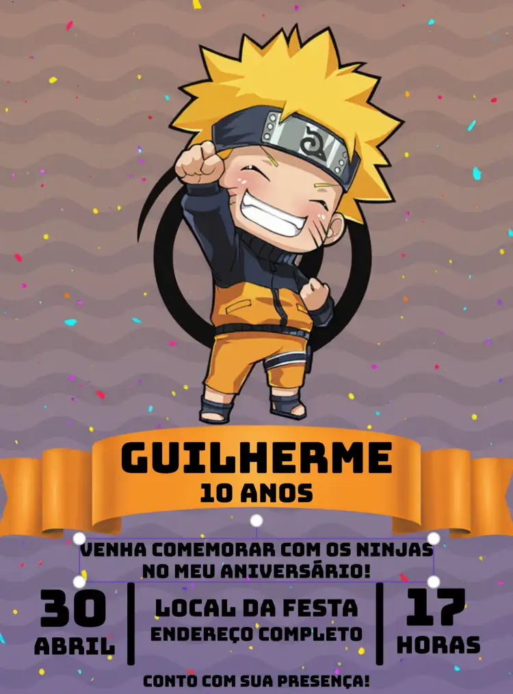 Convite Naruto Chibi Laranja – tema Aniversário Infantil anime, colorido, lúdico, divertido, jovial