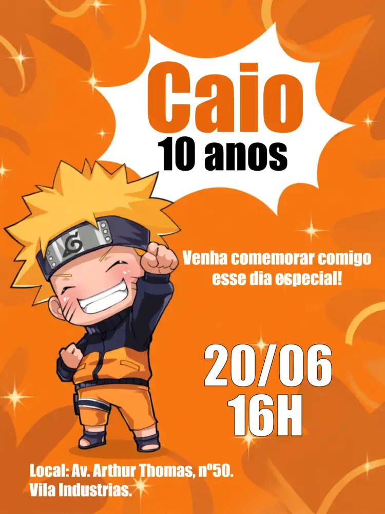 Convite Naruto Chibi Preto – tema Aniversário Infantil anime, chibi, moderno, colorido, temático, jovem