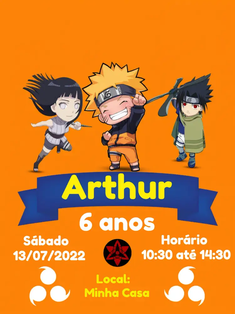 Convite Naruto Chibi Preto – tema Aniversário Infantil chibi, anime, moderno, colorido, divertido, temático