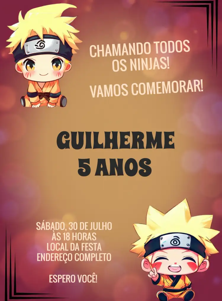 Convite Naruto Chibi Uzumaki – tema Aniversário Infantil anime, ninja, colorido, divertido, jovial, lúdico