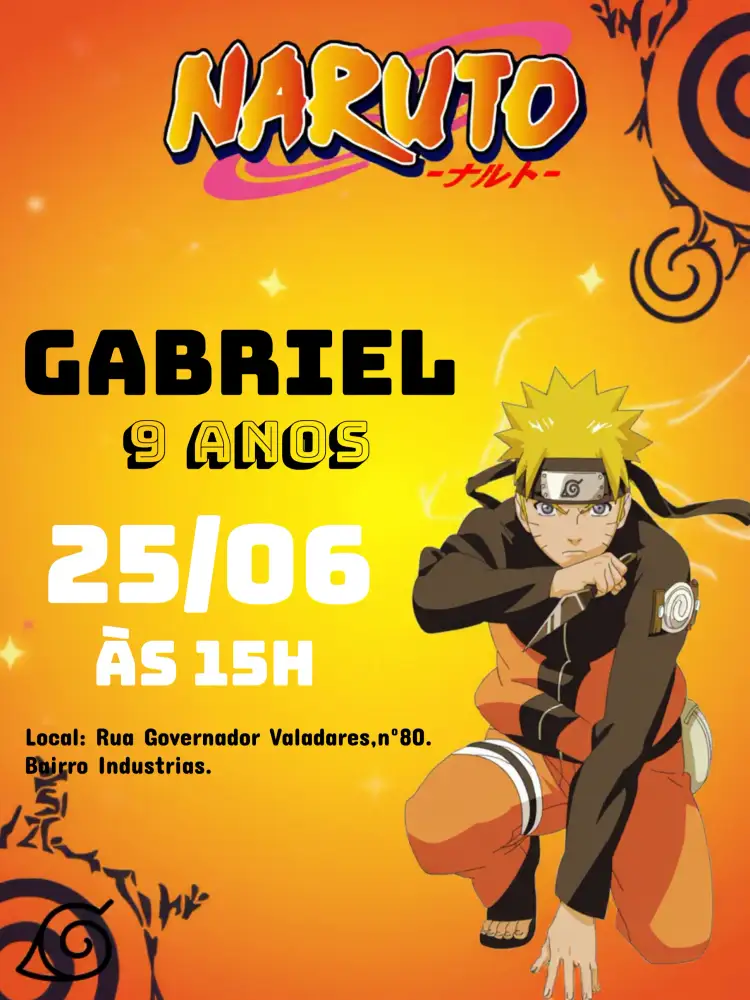 Convite Naruto Cinza – tema Aniversário Infantil cinza, preto, laranja, branco, anime, temática