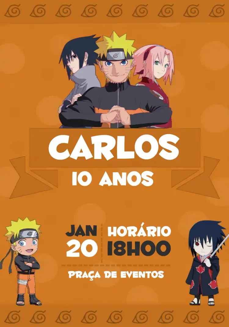 Convite Naruto Cinza – tema Aniversário Infantil anime, colorido, moderno, temático, divertido