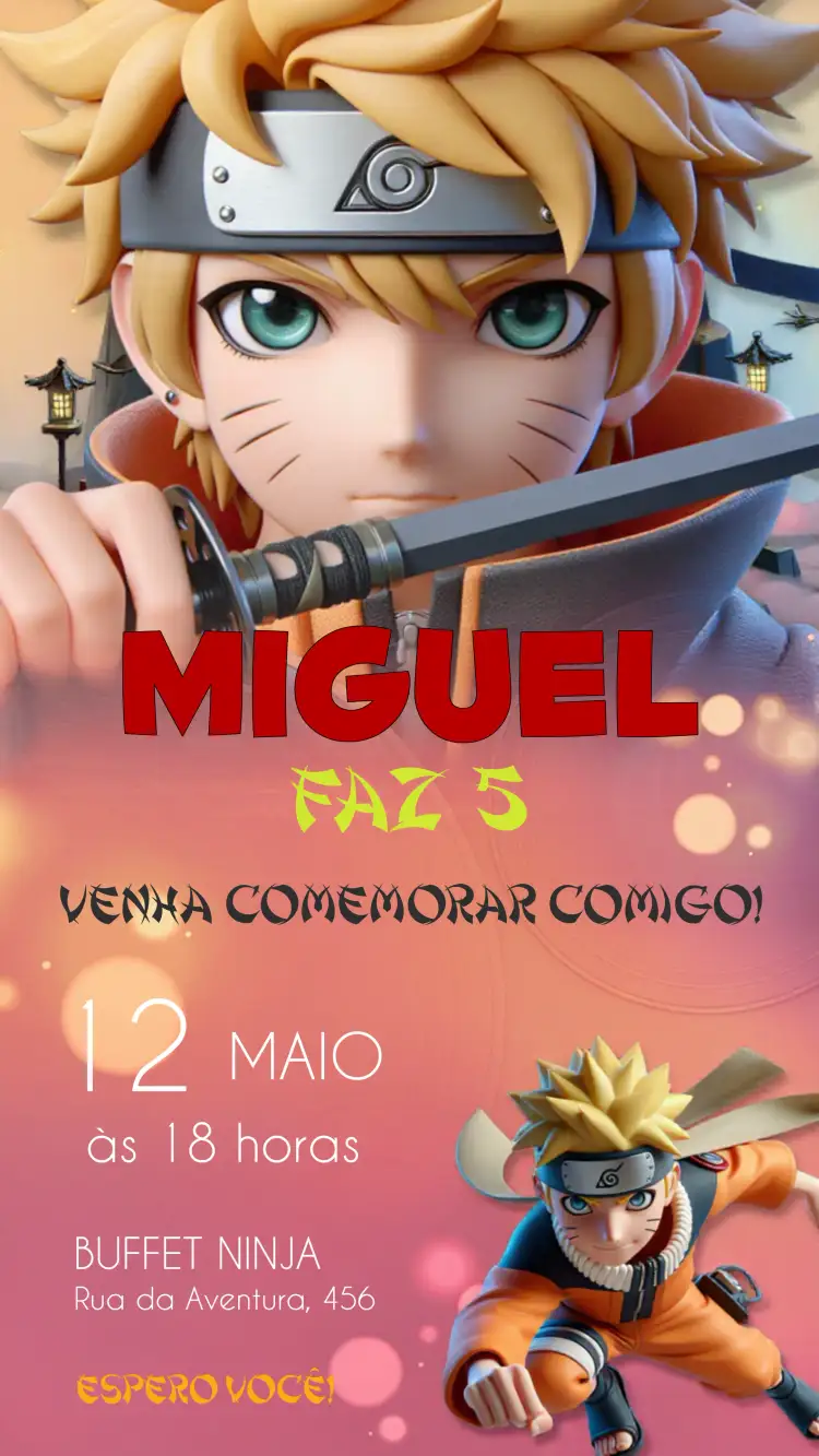 Convite Naruto Colorido – tema Aniversário Infantil colorido, ninja, anime, divertido, infantil, temático
