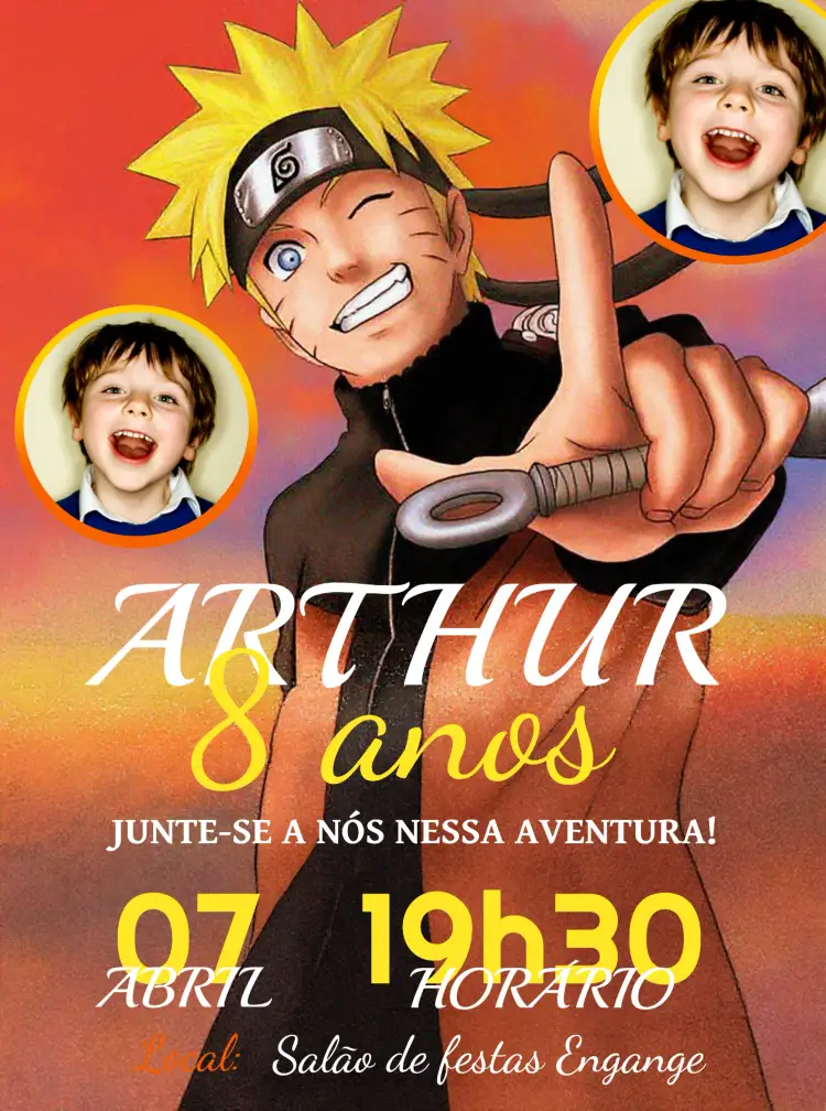 Convite Naruto Com Foto Amarelo – tema Aniversário Infantil amarelo, laranja, preto, ninja, anime, divertido