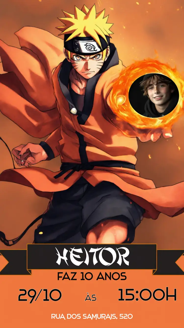 Convite Naruto Com Foto Branco – tema Aniversário Infantil anime, colorido, divertido, moderno, jovial