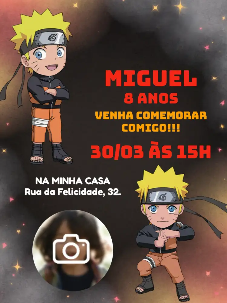 Convite Naruto Com Foto Desenho – tema Aniversário Infantil anime, aventura, cores vibrantes, ilustrações animadas, estilo moderno