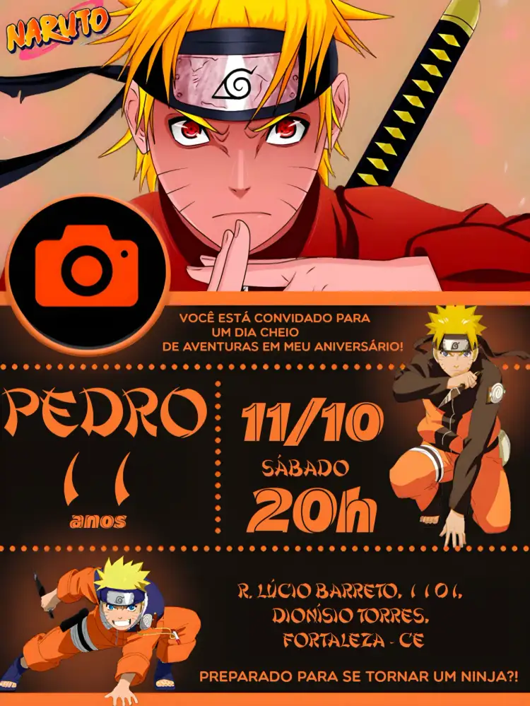 Convite Naruto Com Foto Preto – tema Aniversário Infantil preto, laranja, vermelho, mangá, anime, moderno