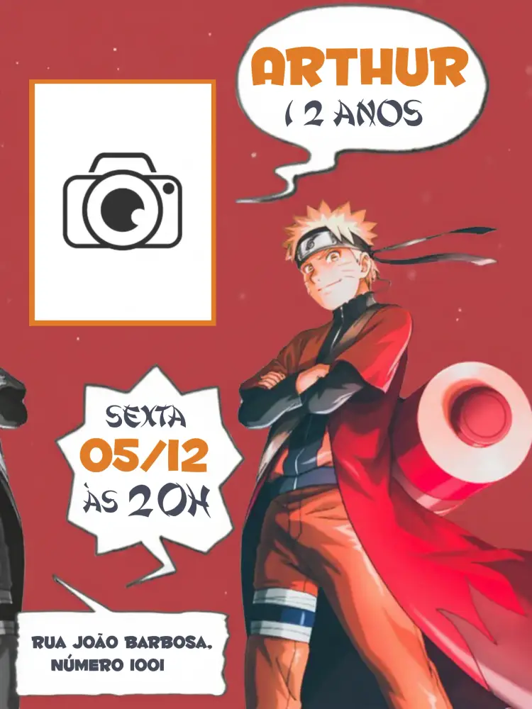 Convite Naruto Com Foto Quadrinhos Branco
