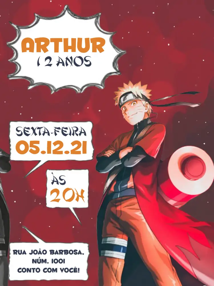 Convite Naruto Com Foto Quadrinhos Branco