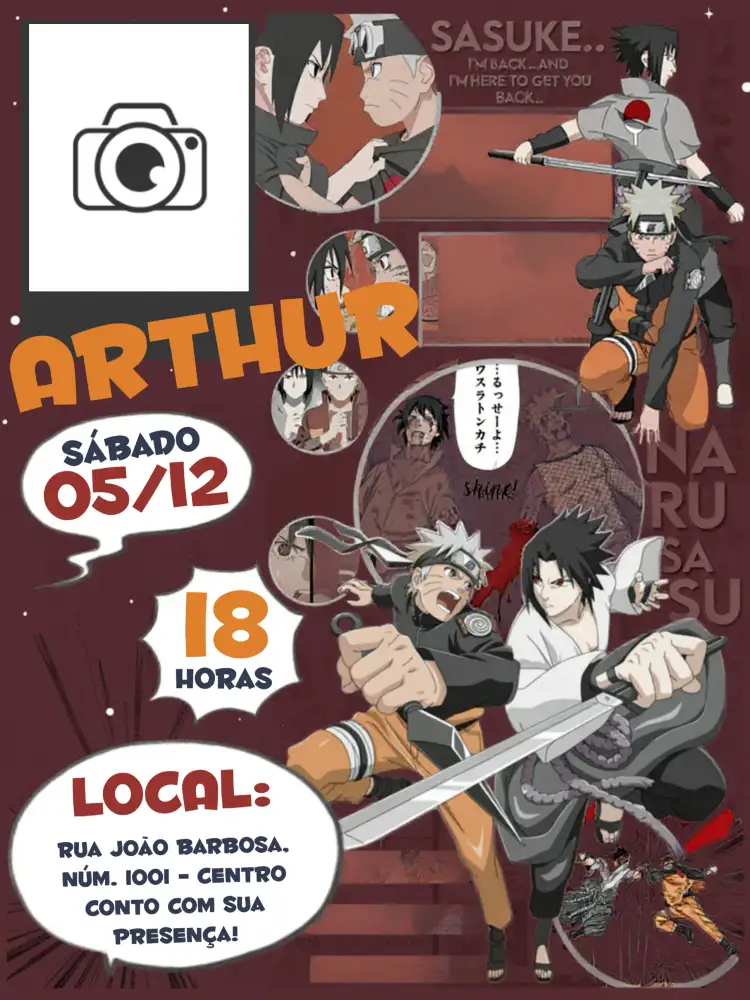 Convite Naruto Com Foto Quadrinhos Hq – tema Aniversário Infantil anime, quadrinhos, vibrante, divertido, moderno, temático