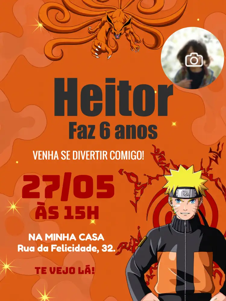 Convite Naruto Com Foto Raposa – tema Aniversário Infantil colorido, anime, ninja, jovial, divertido