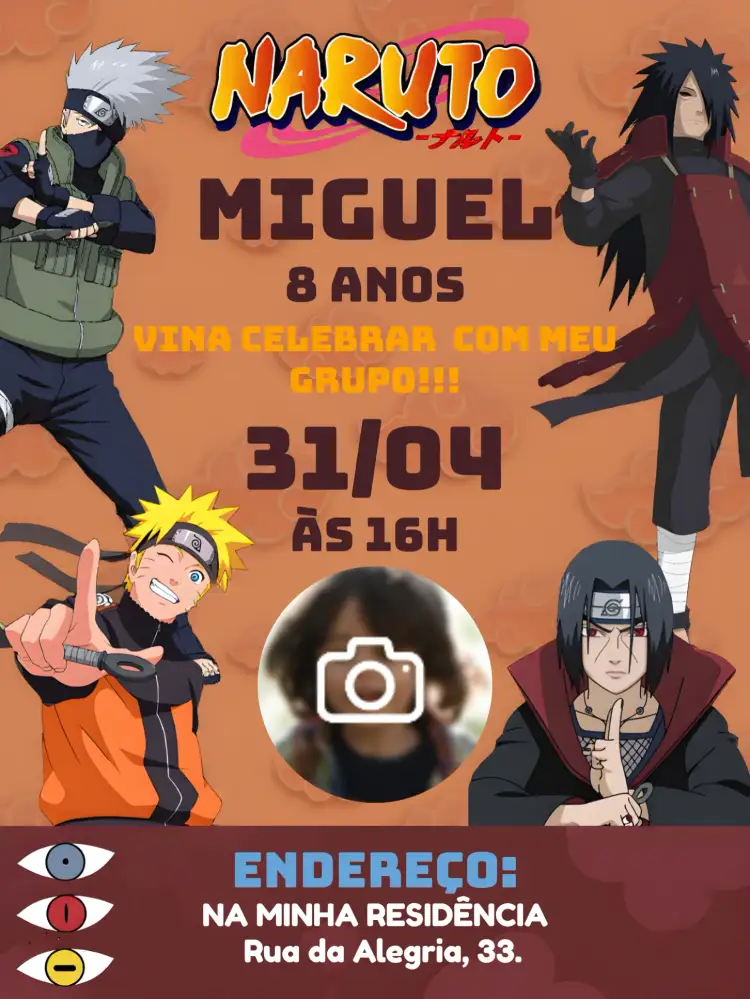 Convite Naruto Com Foto Sasuke – tema Aniversário Infantil ninja, anime, colorido, moderno, infantil