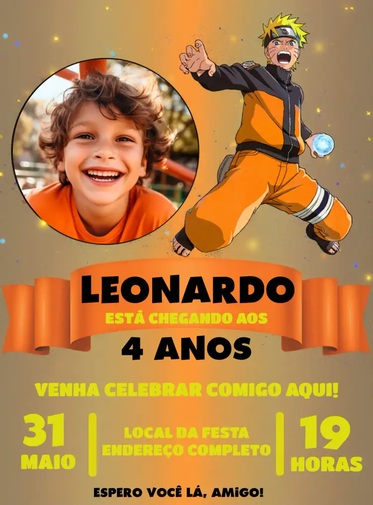 Convite Naruto Com Foto Uzumaki – tema Aniversário Infantil temática ninja, cores vibrantes, elementos gráficos de anime, design moderno, ilustrações do universo Naruto, estilo divertido