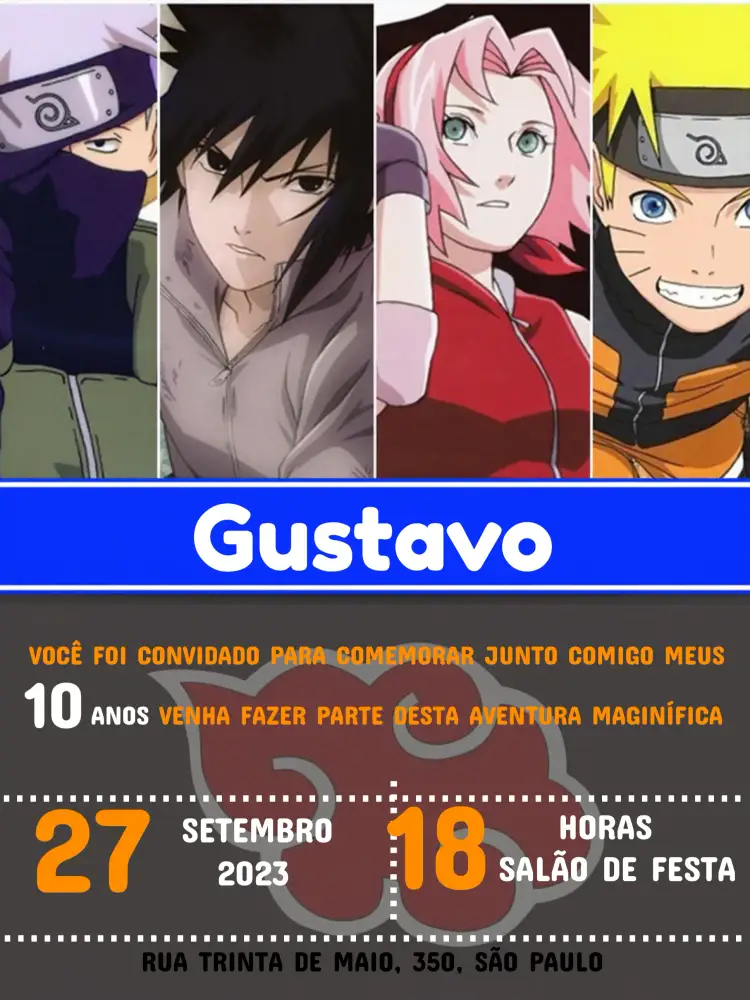 Convite Naruto Criança – tema Aniversário Infantil anime, colorido, jovial, divertido, temático, aventura
