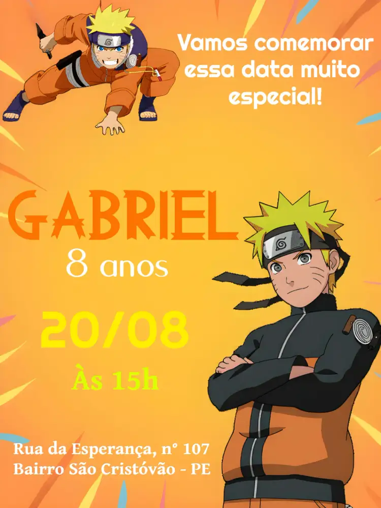 Convite Naruto Digital – tema Aniversário Infantil ninja, anime, aventura, colorido, moderno, divertido