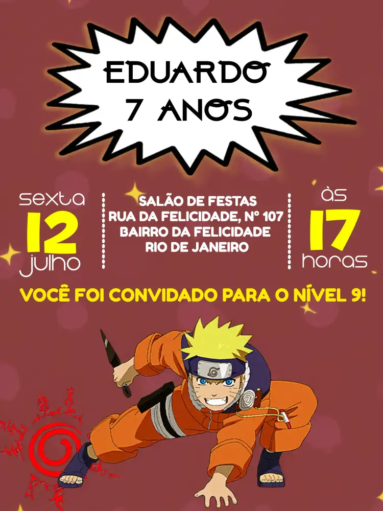 Convite Naruto Digital – tema Aniversário Infantil vermelho, amarelo, anime, divertido, lúdico, aventura