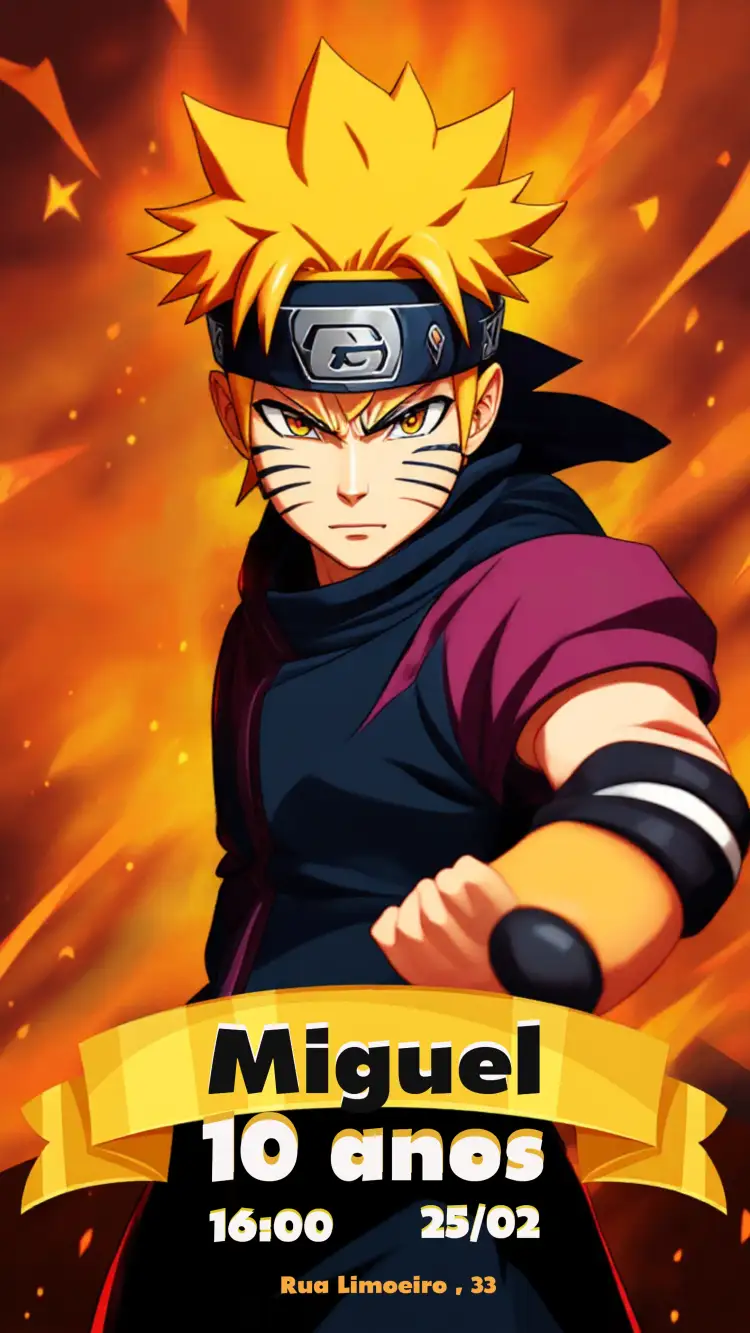 Convite Naruto Enviar – tema Aniversário Infantil naruto, anime, cores vibrantes, moderno, temático, infantil