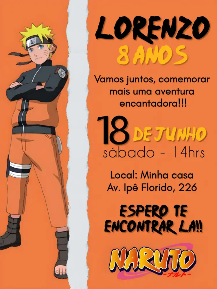 Convite Naruto Festa – tema Aniversário Infantil anime, colorido, jovem, divertido, moderno, temático