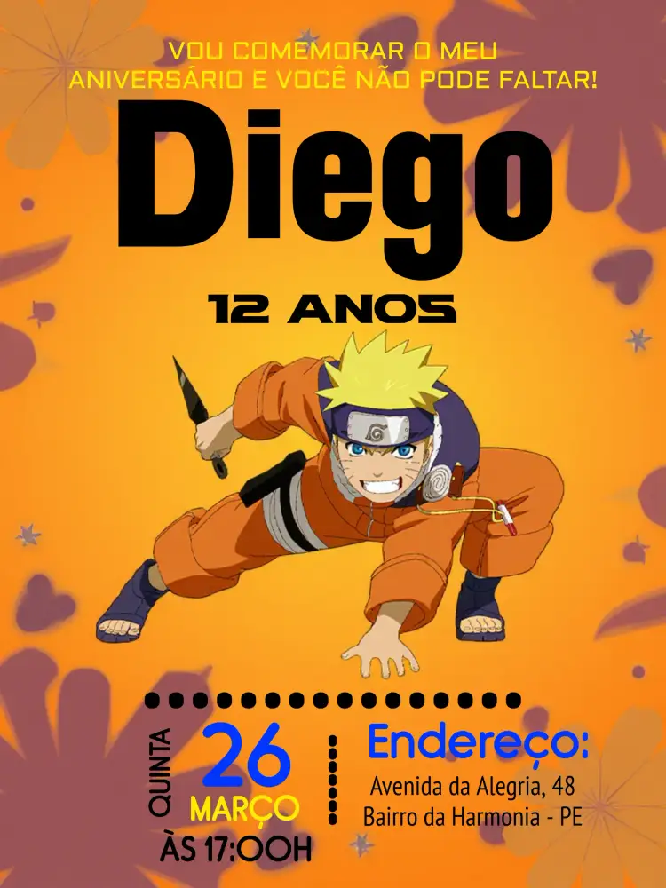 Convite Naruto Fundo – tema Aniversário Infantil anime, moderno, colorido, temático, divertido, jovem