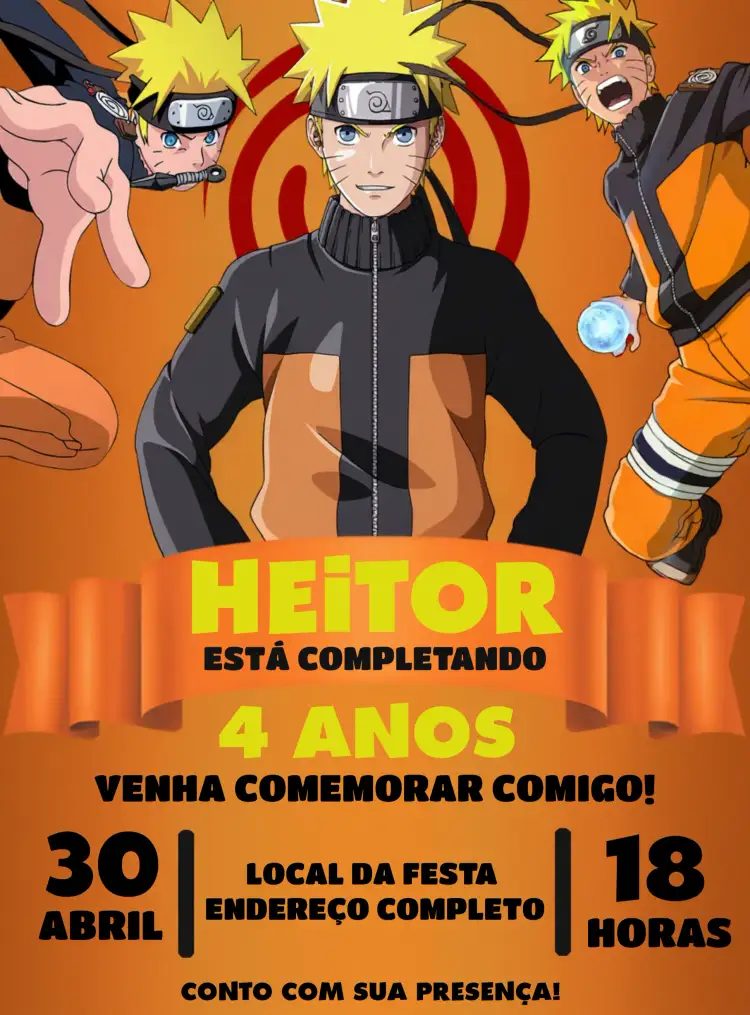 Convite Naruto Jutsu – tema Aniversário Infantil ninja, anime, aventura, colorido, moderno