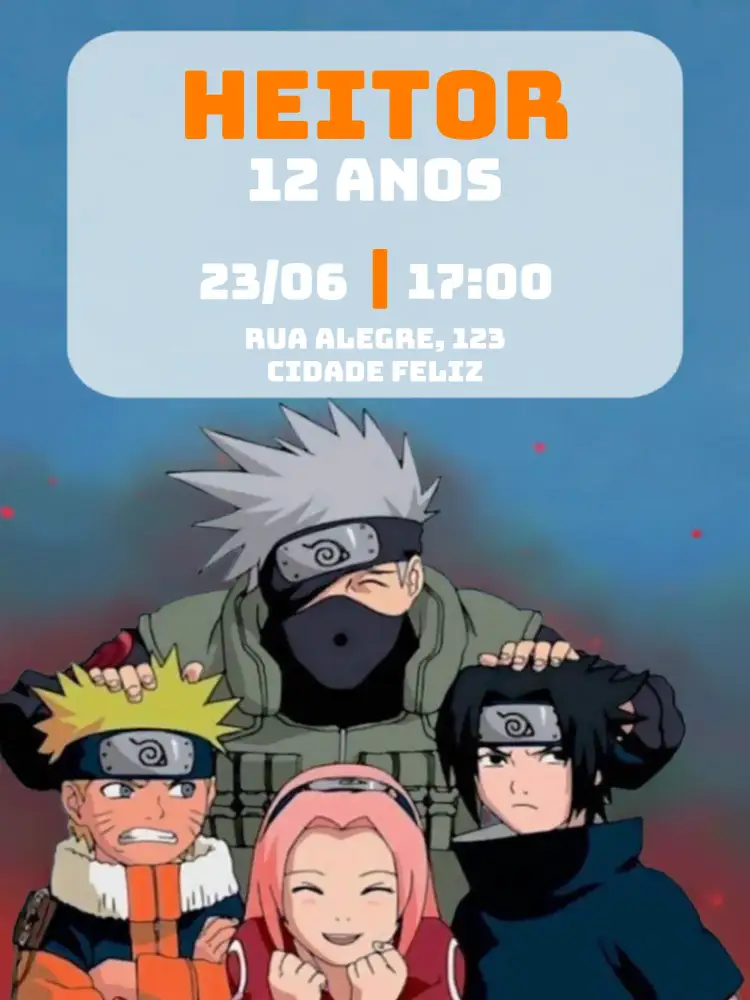 Convite Naruto Kakashi – tema Aniversário Infantil anime, quadrinhos, moderno, colorido, divertido, jovem