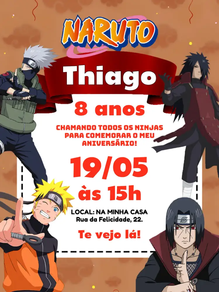 Convite Naruto Konoha – tema Aniversário Infantil ninja, aventura, anime, colorido, jovial, temático