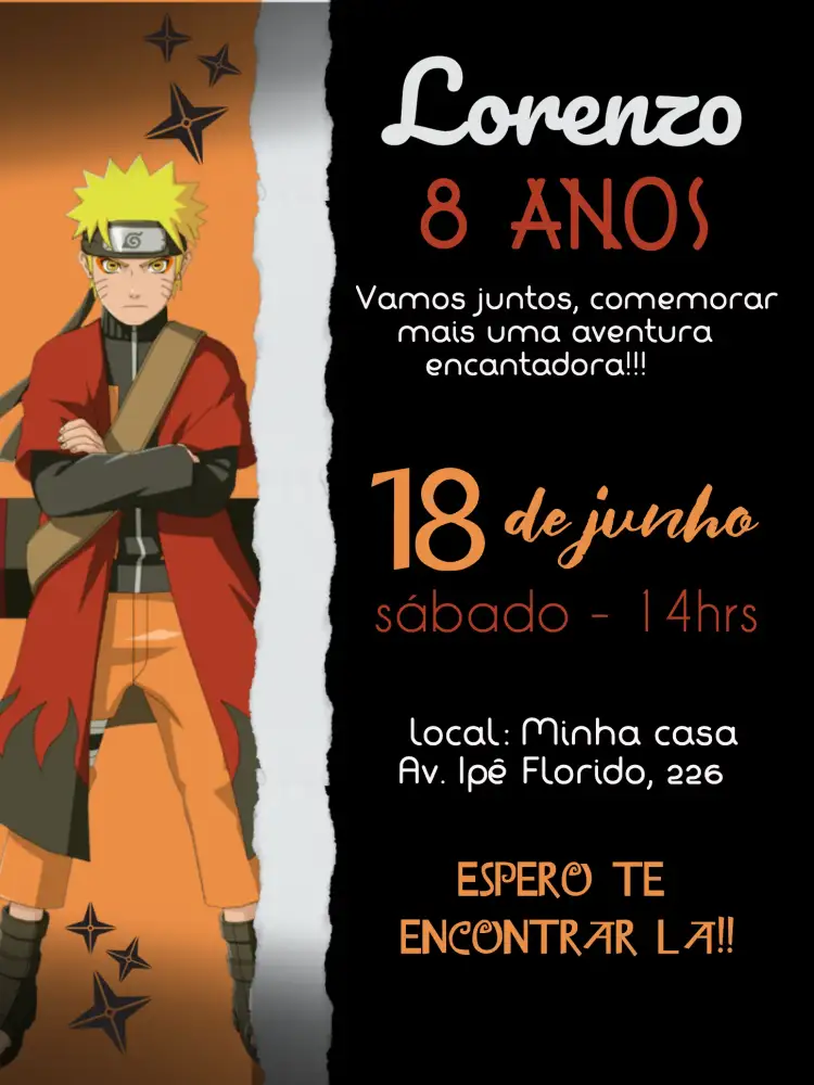 Convite Naruto Laranja – tema Aniversário Infantil colorido, anime, moderno, divertido, jovial