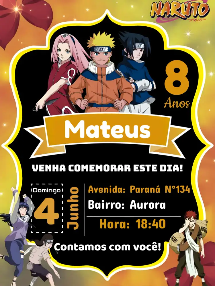 Convite Naruto Laranja – tema Aniversário Infantil vibrante, anime, temático, moderno, colorido, divertido
