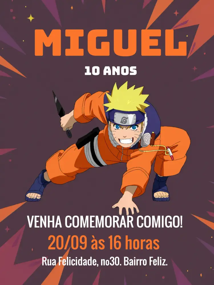 Convite Naruto Laranka – tema Aniversário Infantil anime, ninja, vibrante, moderno, colorido, fantasia