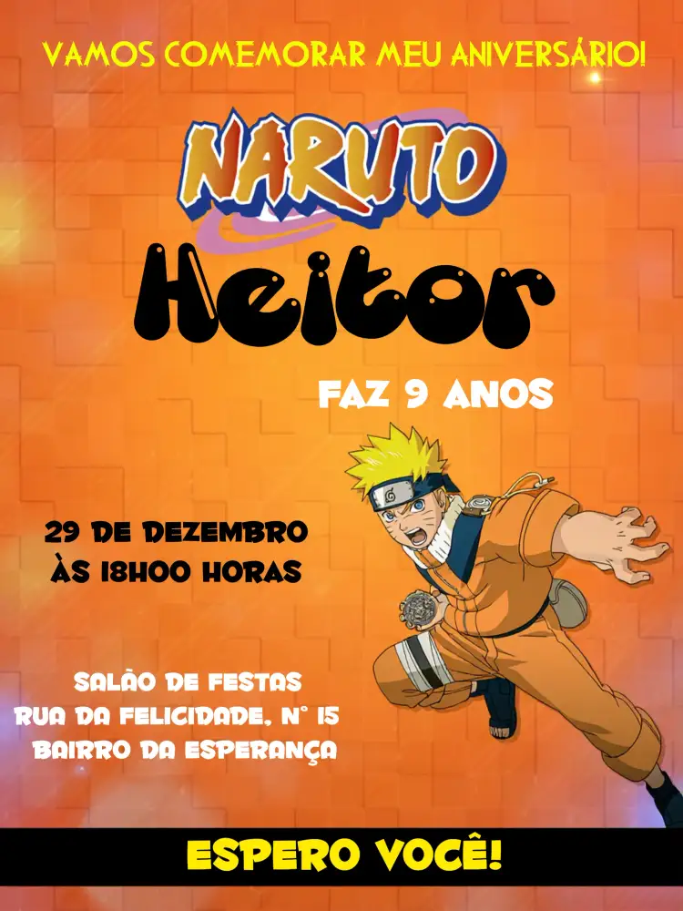 Convite Naruto Logo – tema Aniversário Infantil moderno, anime, colorido, temático, divertido