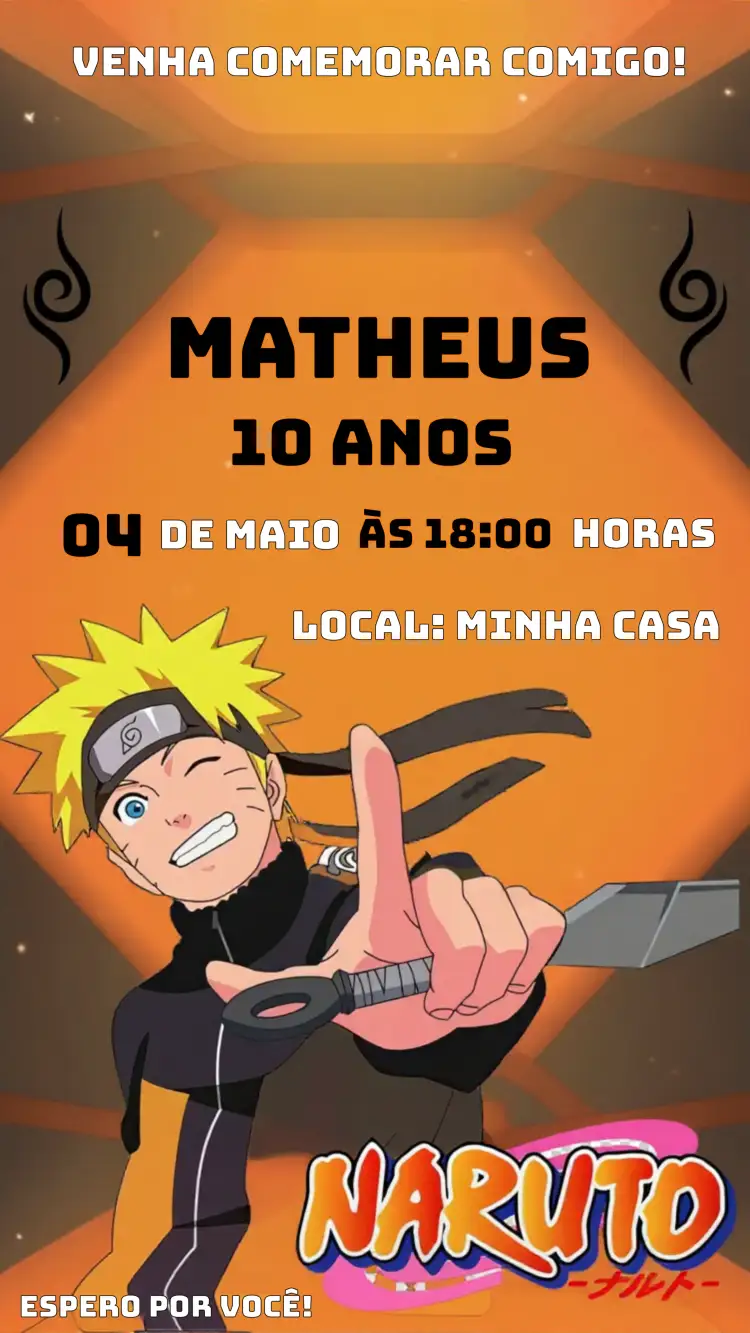 Convite Naruto Menino – tema Aniversário Infantil laranja, preto, moderno, anime, aventura