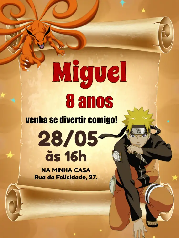 Convite Naruto Menino – tema Aniversário Infantil anime, ninja, vibrante, aventura, infantil, colorido