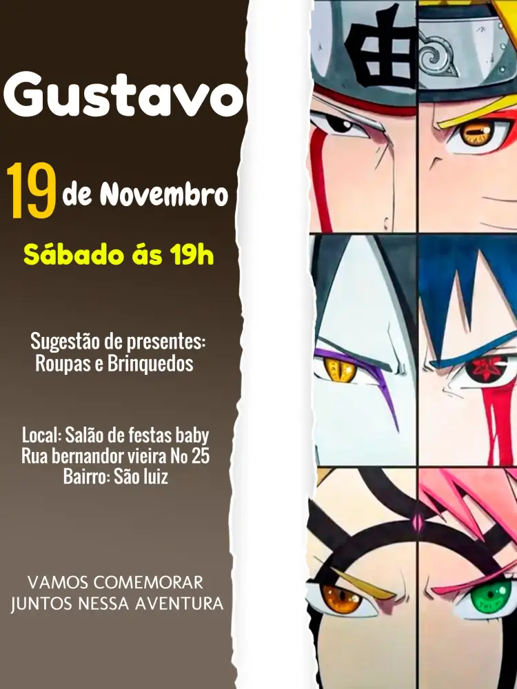 Convite Naruto Menino – tema Aniversário Infantil moderno, colorido, anime, jovem, dinâmico