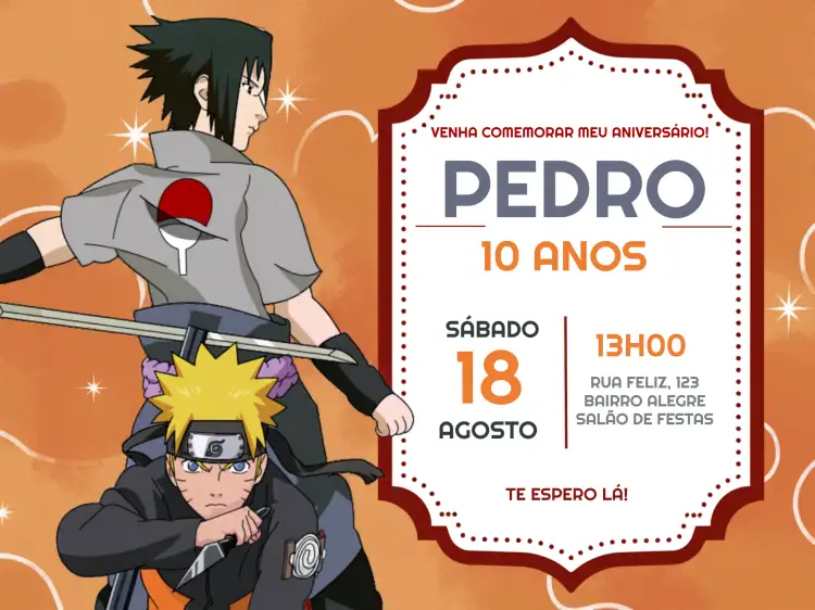 Convite Naruto Menino – tema Aniversário Infantil anime, ninja, colorido, divertido, moderno