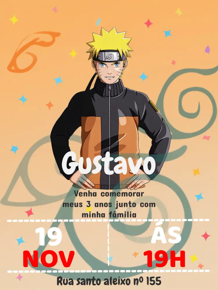 Convite Naruto Narturo – tema Aniversário Infantil moderno, anime, colorido, divertido, jovial