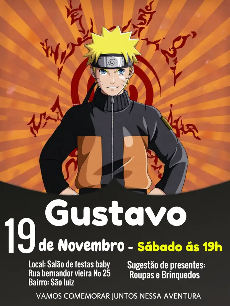 Convite Naruto Preto – tema Aniversário Infantil anime, moderno, colorido, divertido, temático