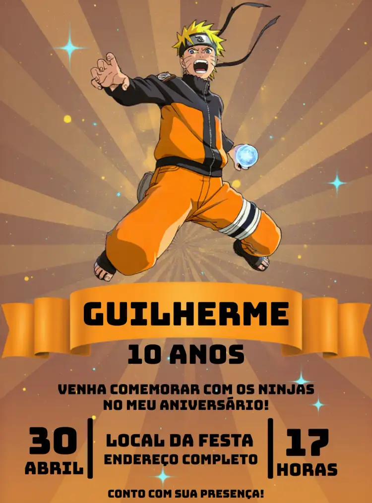 Convite Naruto Preto – tema Aniversário Infantil ninja, anime, colorido, moderno, divertido