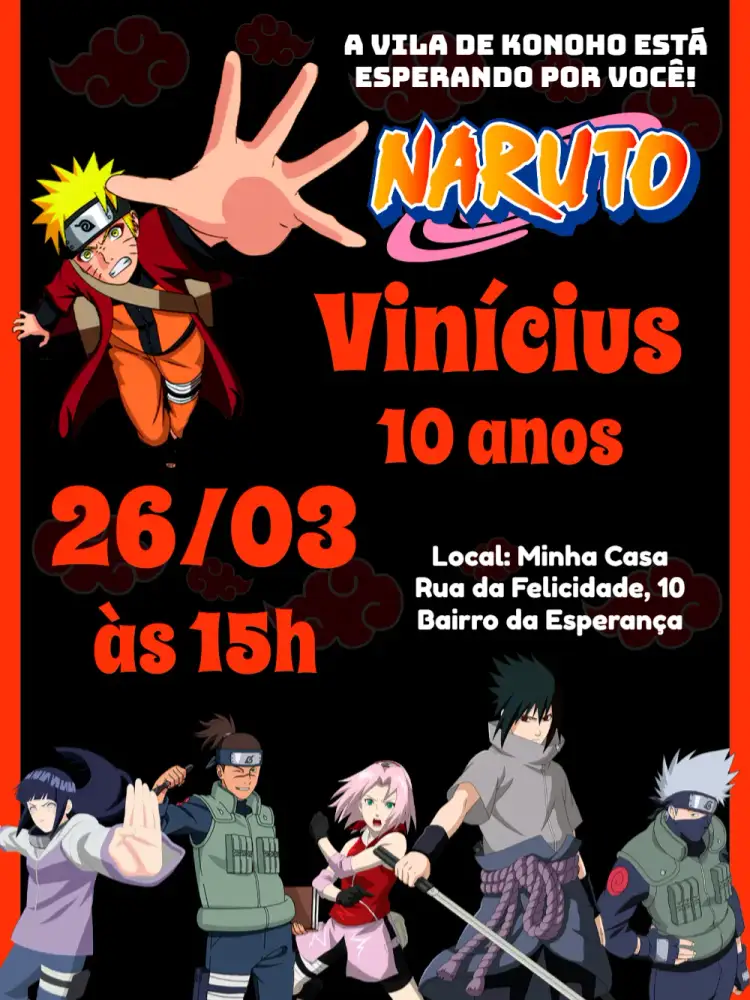 Convite Naruto Preto – tema Aniversário Infantil anime, temática de ninjas, cores vibrantes, moderno, ilustrações de personagens, estilo urbano