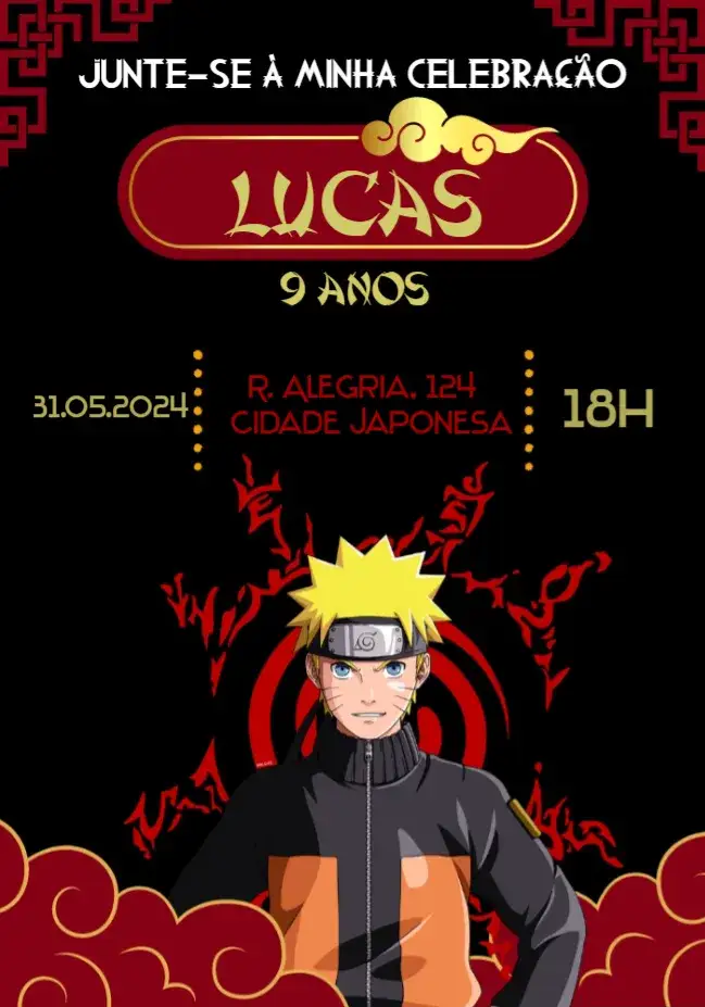 Convite Naruto Preto – tema Aniversário Infantil preto, vermelho, anime, chibi, moderno